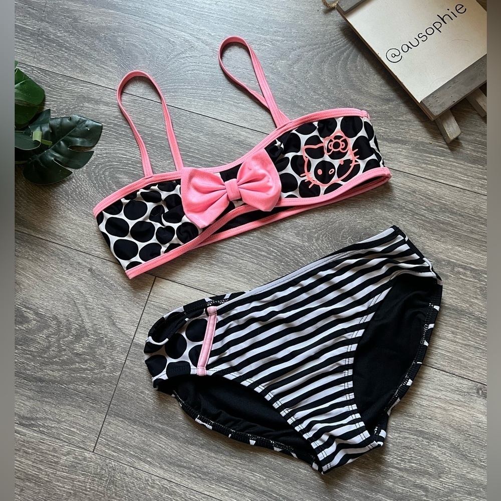 Hello Kitty by Sanrio Pink & Black Polka Dot Bikini Set w Center Bow. Size 14